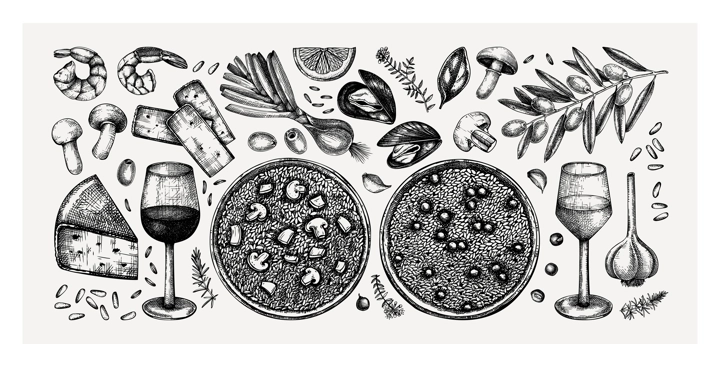 Italian risotto cooking ingredients sketches collection. Wine drawings in vintage style. Hand drawn food and drinks vector illustrations. Classical Italian cuisine design elements for restaurant menu